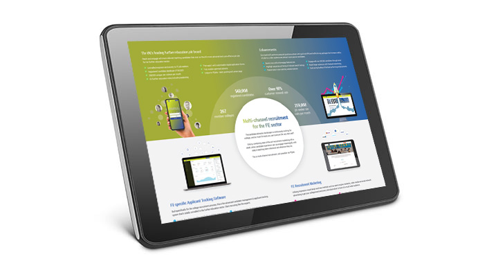 FEjobs Multi channel recruitment brochure for schools and colleges shown on a tablet